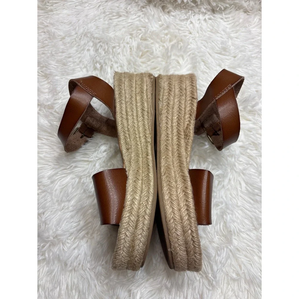 Brown Faux Leather Espadrille Platform Wedge Sandals Ankle Strap Women Size 7